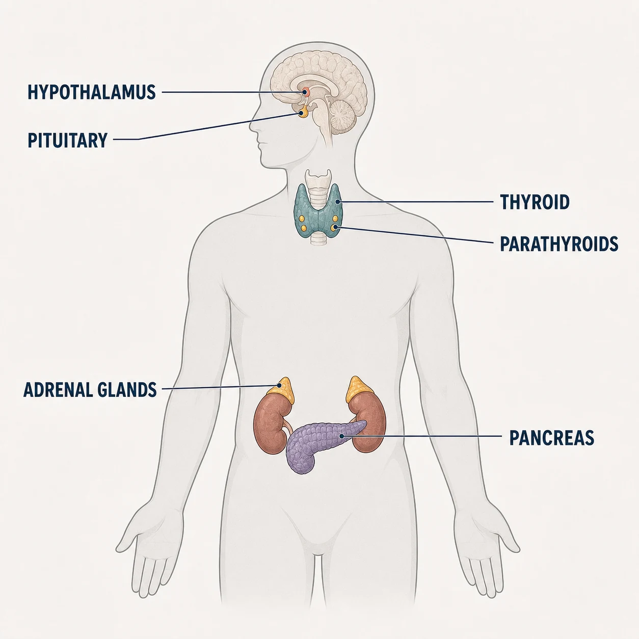 Endocrine Glands anatomy diagram with labeled structures