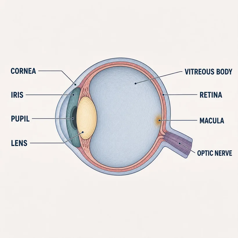 Eye anatomy diagram with labeled structures