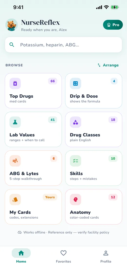 NurseReflex home screen — modules for labs, drugs, math, anatomy and skills