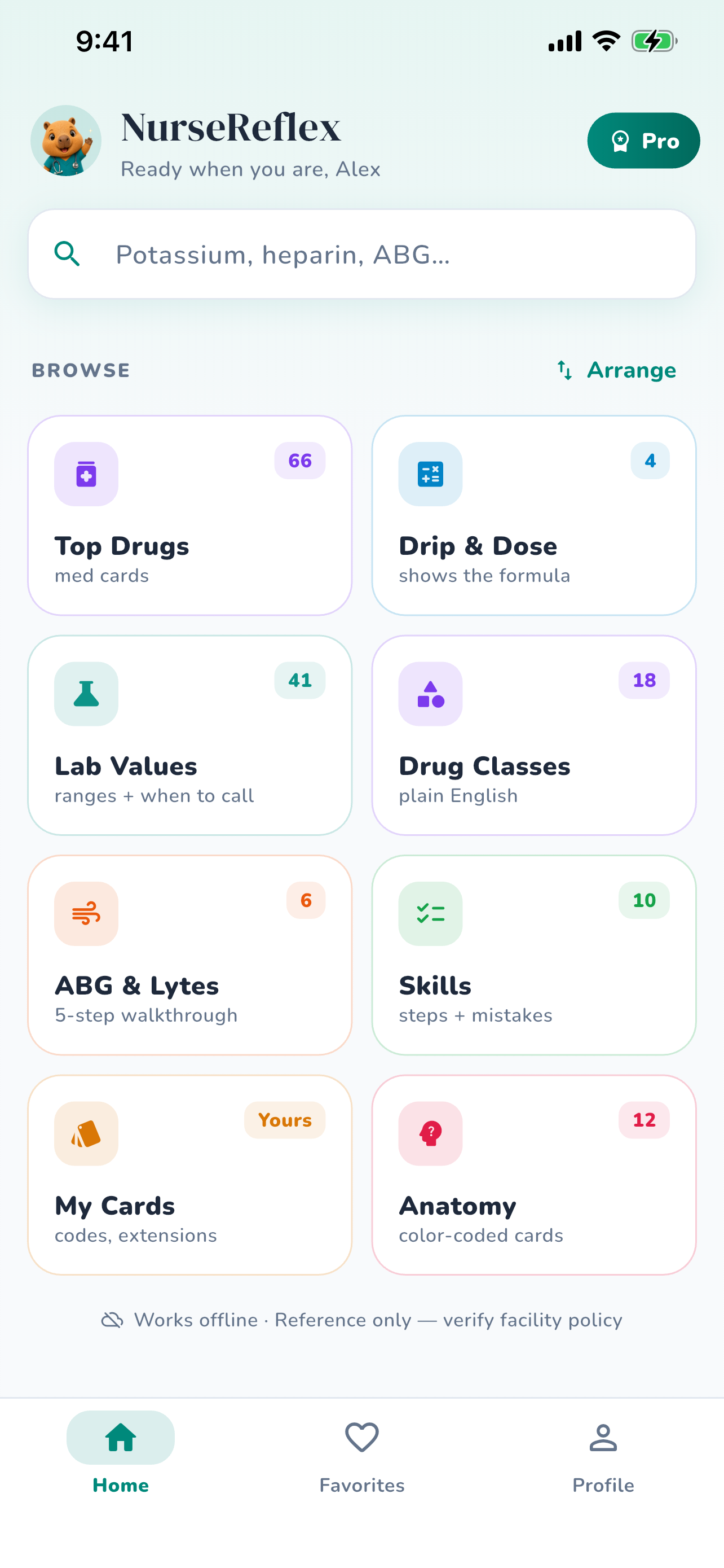 NurseReflex home screen — modules for labs, drugs, math, anatomy and skills